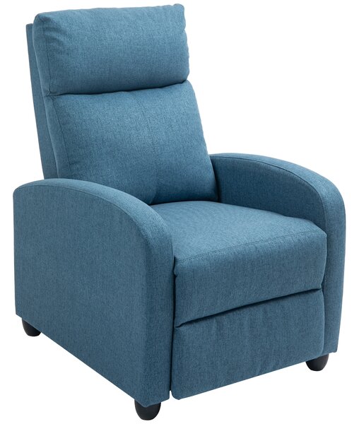 Poltrona Reclinabile 69x88x101 cm Imbottita con Poggiapiedi in Tessuto Effetto Lino e Acciaio Blu