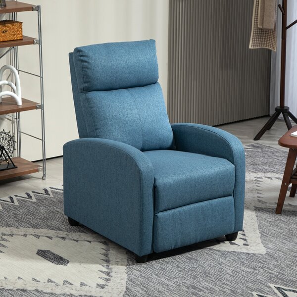 Poltrona Reclinabile 69x88x101 cm Imbottita con Poggiapiedi in Tessuto Effetto Lino e Acciaio Blu