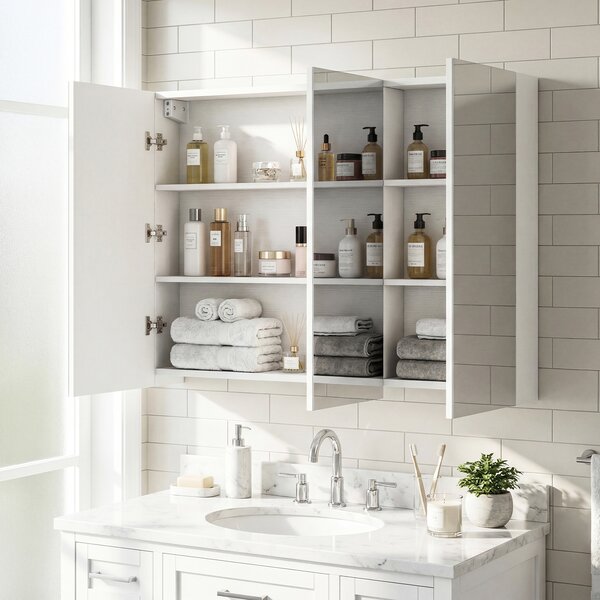 Costway Armadietto bagno specchio 3 ante parete incasso medicinali 6 scomparti, Armadietto effetto legno struttura legno robusta 87cm