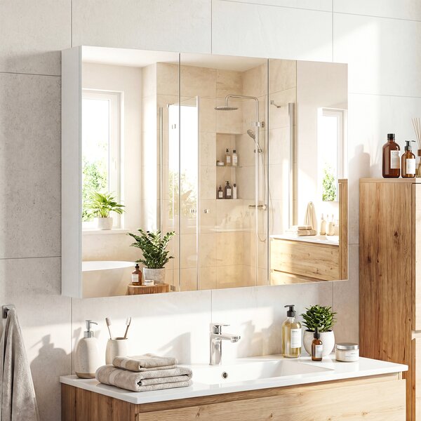 Costway Armadietto bagno specchio 3 ante parete incasso medicinali 6 scomparti, Armadietto effetto legno struttura legno robusta 87cm