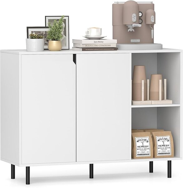 Costway Buffet cucina credenza moderna legno 2 ante 2 scomparti aperti, Buffet consolle sala pranzo ripiani regolabili gambe metallo 106x38x80cm Bianco