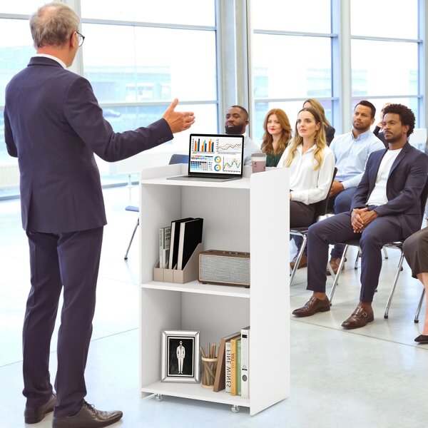 Costway Leggio mobile legno podio presentazione 2 ripiani conservazione ruote universali, Leggio computer portatile chiesa ufficio scuola 105cm Bianco