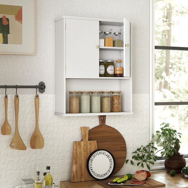 Costway Armadietto muro bagno medico 2 ante ripiano aperto regolabile, Armadietto organizer salvaspazio sopra water lavanderia cucina Bianco