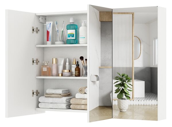 Costway Armadietto bagno specchio 3 ante parete incasso medicinali 6 scomparti, Armadietto effetto legno struttura legno robusta 87cm