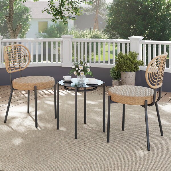 Costway Set bistrò esterno 3 pz vimini pe sedie tavolino vetro temperato, Set conversazione patio mobili esterni balcone terrazza giardino