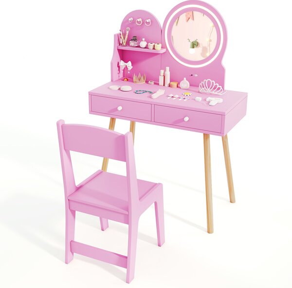 Costway Set da trucco per bambini con specchio illuminato, Set da tavolo e sedia da principessa con ripiano aperto Rosa