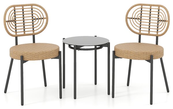Costway Set bistrò esterno 3 pz vimini pe sedie tavolino vetro temperato, Set conversazione patio mobili esterni balcone terrazza giardino