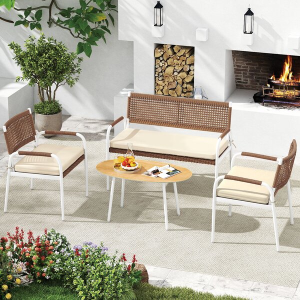 Costway Set patio 4 pz divanetto rattan pe 2 poltrone cuscini morbidi, Set tavolo vetro temperato divani esterni balcone veranda giardino cortile