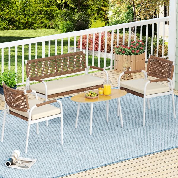 Costway Set patio 4 pz divanetto rattan pe 2 poltrone cuscini morbidi, Set tavolo vetro temperato divani esterni balcone veranda giardino cortile