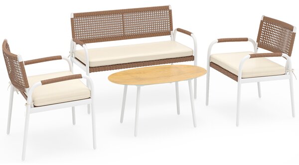 Costway Set patio 4 pz divanetto rattan pe 2 poltrone cuscini morbidi, Set tavolo vetro temperato divani esterni balcone veranda giardino cortile