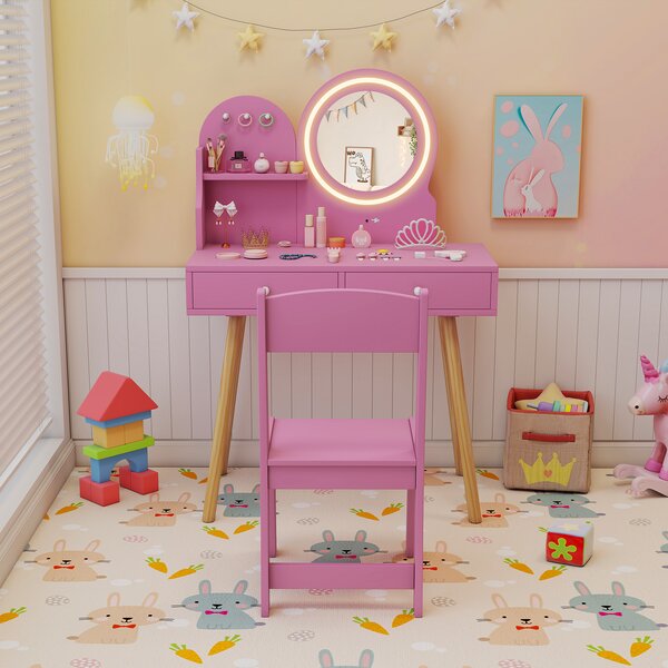 Costway Set da trucco per bambini con specchio illuminato, Set da tavolo e sedia da principessa con ripiano aperto Rosa