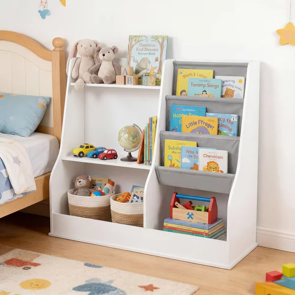 Costway Libreria bambini organizzatore giocattoli legno 3 ripiani tasca tessuto, Libreria anti-ribaltamento sacca cubi stoccaggio sala giochi 80cm