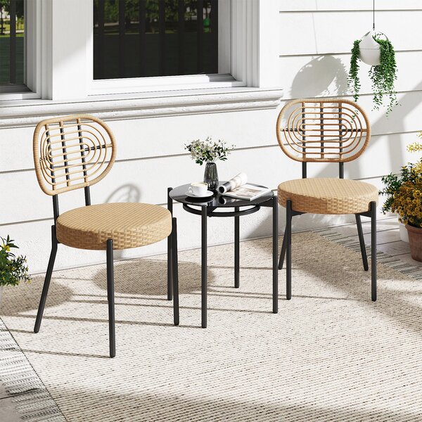 Costway Set bistrò esterno 3 pz vimini pe sedie tavolino vetro temperato, Set conversazione patio mobili esterni balcone terrazza giardino