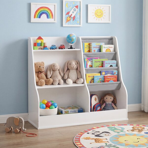 Costway Libreria bambini organizzatore giocattoli legno 3 ripiani tasca tessuto, Libreria anti-ribaltamento sacca cubi stoccaggio sala giochi 80cm