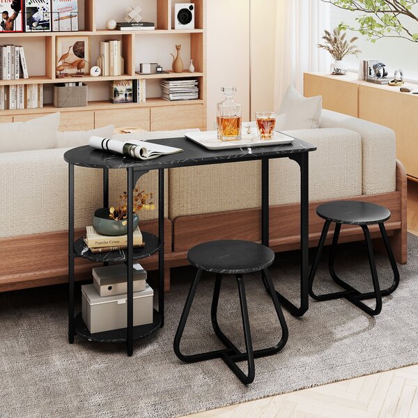 Costway Set pranzo industriale 3 pz tavolo cucina legno 2 sgabelli ripiani portaoggetti, Set salvaspazio appartamenti cucina soggiorno mobili moderni Nero