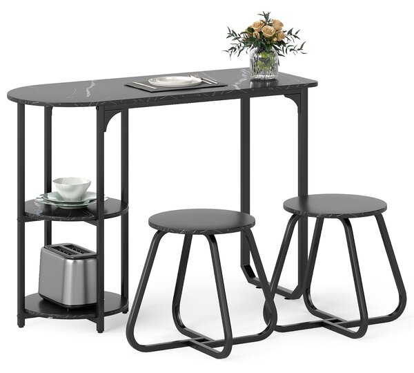 Costway Set pranzo industriale 3 pz tavolo cucina legno 2 sgabelli ripiani portaoggetti, Set salvaspazio appartamenti cucina soggiorno mobili moderni Nero