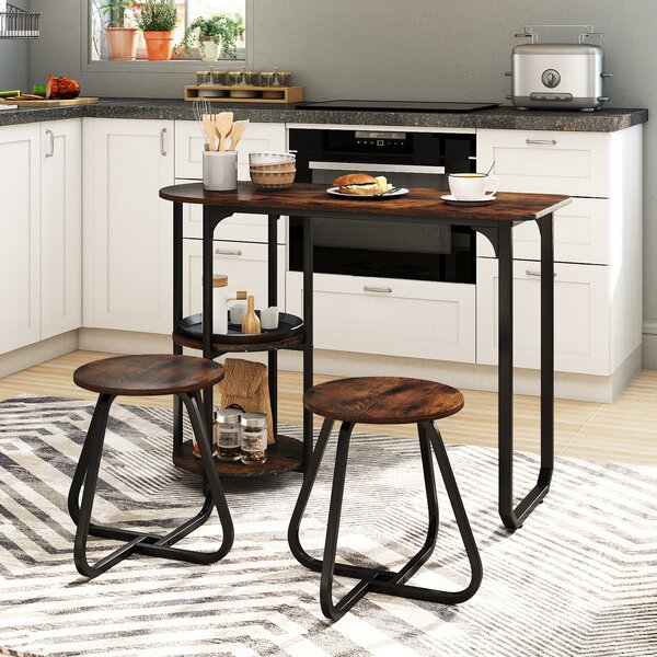 Costway Set pranzo industriale 3 pz tavolo cucina legno 2 sgabelli ripiani portaoggetti, Set salvaspazio appartamenti cucina soggiorno mobili moderni Marrone