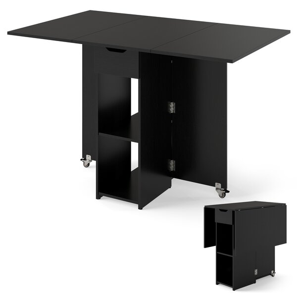 Costway Tavolo pranzo pieghevole 2 ruote ribalta piccoli spazi 2 ripiani, Tavolo cassetto Nero