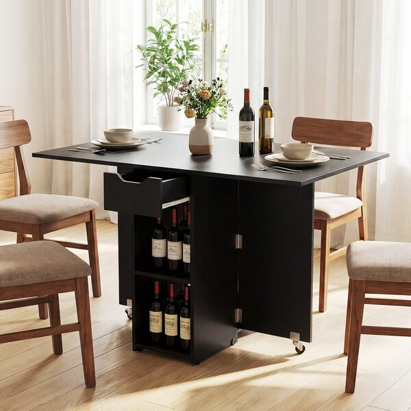 Costway Tavolo pranzo pieghevole 2 ruote ribalta piccoli spazi 2 ripiani, Tavolo cassetto Nero