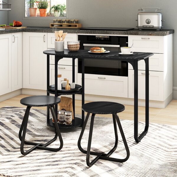 Costway Set pranzo industriale 3 pz tavolo cucina legno 2 sgabelli ripiani portaoggetti, Set salvaspazio appartamenti cucina soggiorno mobili moderni Nero