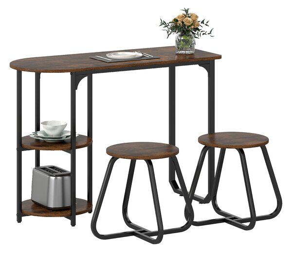 Costway Set pranzo industriale 3 pz tavolo cucina legno 2 sgabelli ripiani portaoggetti, Set salvaspazio appartamenti cucina soggiorno mobili moderni Marrone