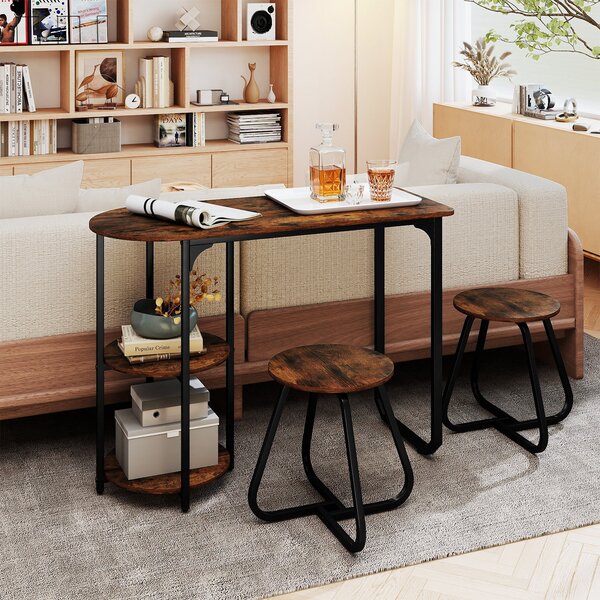 Costway Set pranzo industriale 3 pz tavolo cucina legno 2 sgabelli ripiani portaoggetti, Set salvaspazio appartamenti cucina soggiorno mobili moderni Marrone