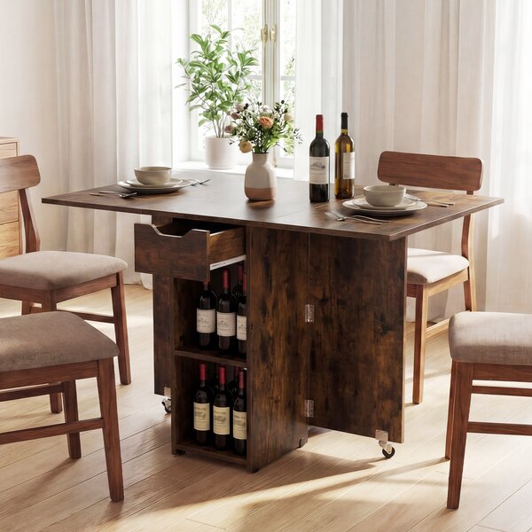 Costway Tavolo pranzo pieghevole 2 ruote ribalta piccoli spazi 2 ripiani, Tavolo cassetto Marrone