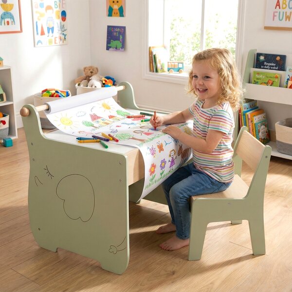 Costway Set tavolo sedia bambini legno studio lavagna reversibile rotolo carta, Set multi-attività contenitore nascosto disegno pittura scrittura
