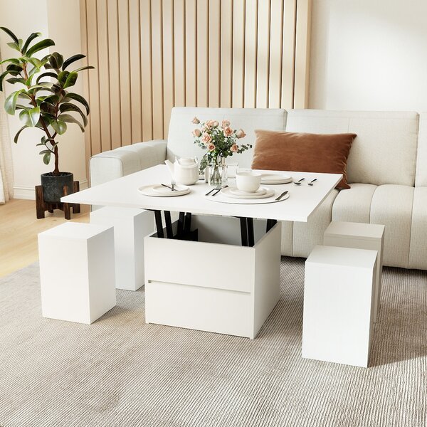 Costway Tavolino caffè piano sollevabile 4 sgabelli contenitori 3-in-1 soggiorno, Tavolino scomparto nascosto cassetto rettangolare 4-8 persone Bianco