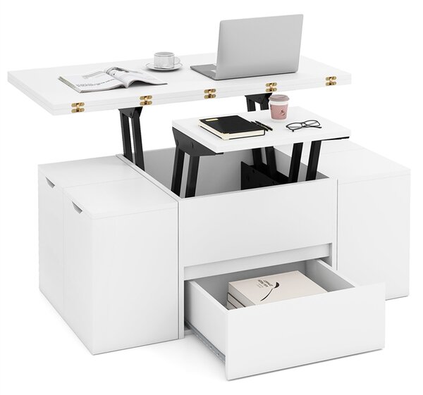 Costway Tavolino caffè piano sollevabile 4 sgabelli contenitori 3-in-1 soggiorno, Tavolino scomparto nascosto cassetto rettangolare 4-8 persone Bianco