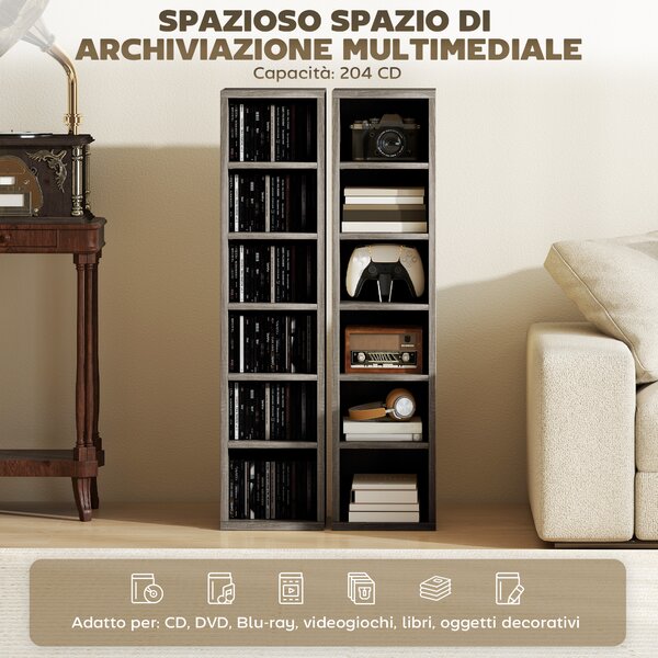 HOMCOM Set di 2 Mobili Porta CD Scaffale Salvaspazio, 21x22.5x88.5cm, Grigio | Aosom Italy