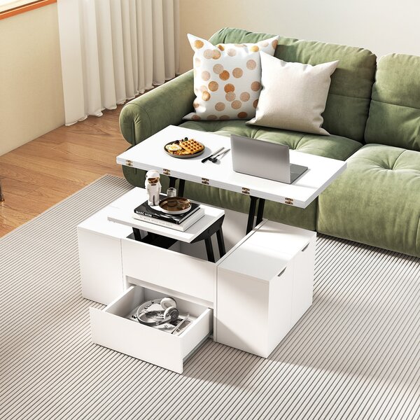 Costway Tavolino caffè piano sollevabile 4 sgabelli contenitori 3-in-1 soggiorno, Tavolino scomparto nascosto cassetto rettangolare 4-8 persone Bianco