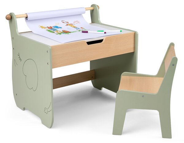 Costway Set tavolo sedia bambini legno studio lavagna reversibile rotolo carta, Set multi-attività contenitore nascosto disegno pittura scrittura