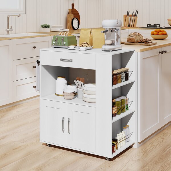 Costway Isola cucina mobile carrello ruote bloccatili cubo 2 vie, Carrello ripiani laterali cassetto porta asciugamani soggiorno sala pranzo
