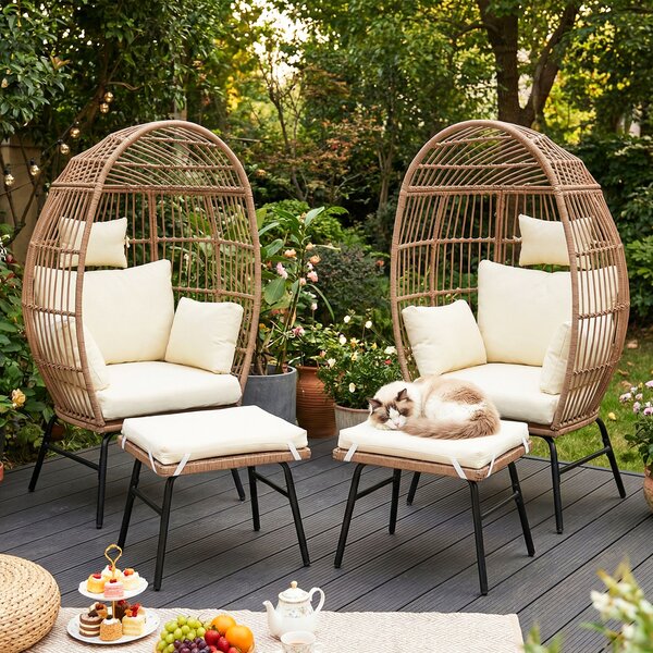 Costway Poltrona uovo rattan pe vimini cuscini comodi poggiapiedi oversize, Poltrona salotto interni esterni balcone bordo piscina veranda