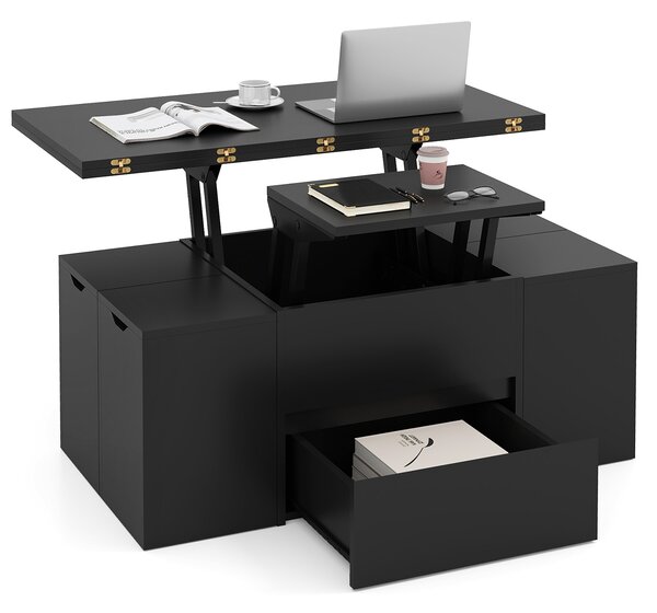 Costway Tavolino caffè piano sollevabile 4 sgabelli contenitori 3-in-1 soggiorno, Tavolino scomparto nascosto cassetto rettangolare 4-8 persone Nero