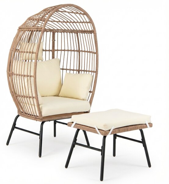 Costway Poltrona uovo rattan pe vimini cuscini comodi poggiapiedi oversize, Poltrona salotto interni esterni balcone bordo piscina veranda