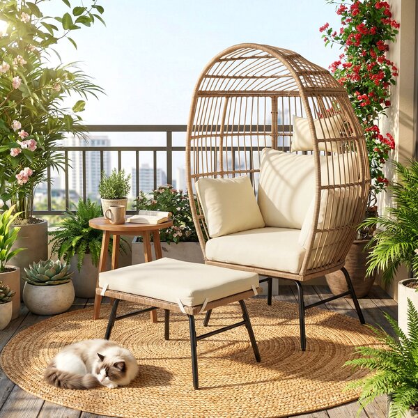 Costway Poltrona uovo rattan pe vimini cuscini comodi poggiapiedi oversize, Poltrona salotto interni esterni balcone bordo piscina veranda