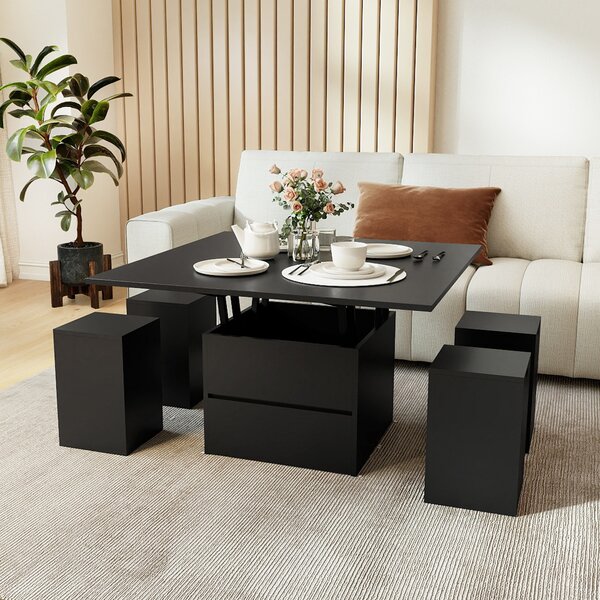 Costway Tavolino caffè piano sollevabile 4 sgabelli contenitori 3-in-1 soggiorno, Tavolino scomparto nascosto cassetto rettangolare 4-8 persone Nero