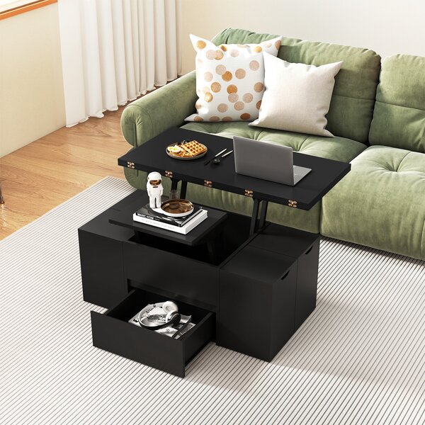Costway Tavolino caffè piano sollevabile 4 sgabelli contenitori 3-in-1 soggiorno, Tavolino scomparto nascosto cassetto rettangolare 4-8 persone Nero