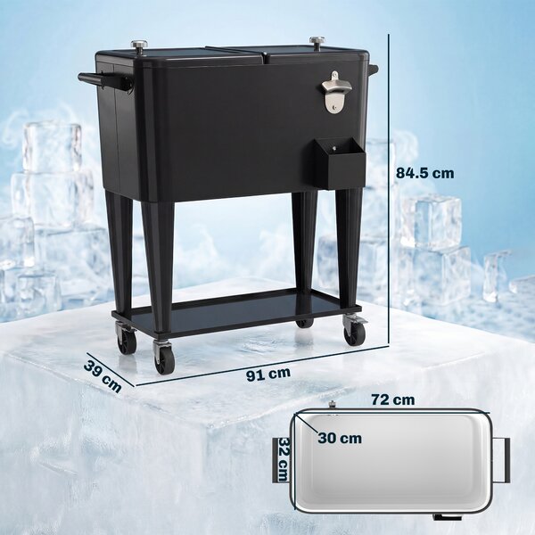 Outsunny Carrello Frigo 76L con Ripiano, Apribottiglie e Raccoglitore Tappi, in Plastica e Acciaio, 91x39x84.5 cm, Nero | Aosom Italy