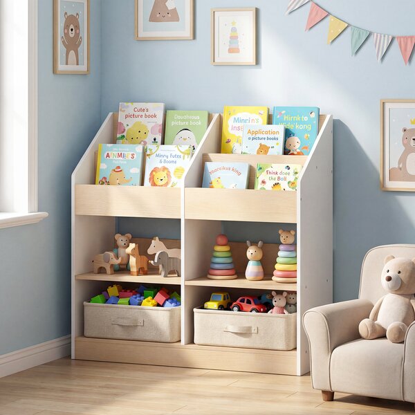 Costway Libreria bambini organizzatore libri giocattoli 4 cubi verticali, Libreria 4 scomparti stoccaggio scaffale legno sala giochi aula asilo