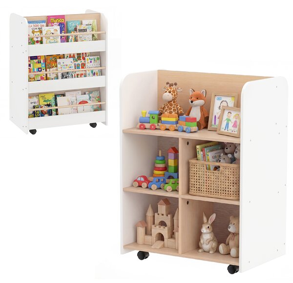 Costway Libreria bambini 3 ripiani ruote doppia faccia carrello portaoggetti, Libreria legno 8 cubi aperti libri sala giochi nido aula