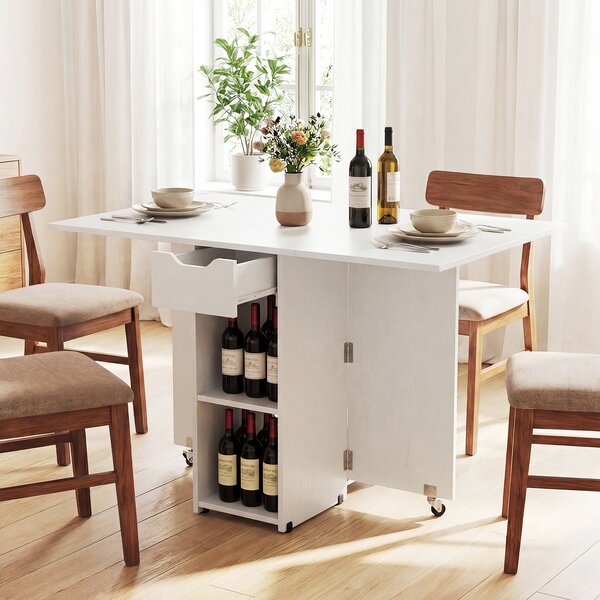 Costway Tavolo pranzo pieghevole 2 ruote ribalta piccoli spazi 2 ripiani, Tavolo cassetto Bianco