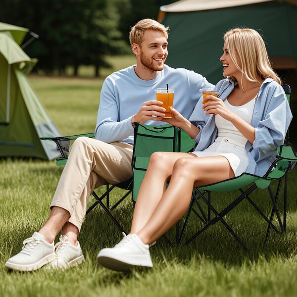 Costway Sedia da picnic in acciaio portatile e pieghevole, Sedia da picnic con ombrellone mini tavolo porta bevande Verde