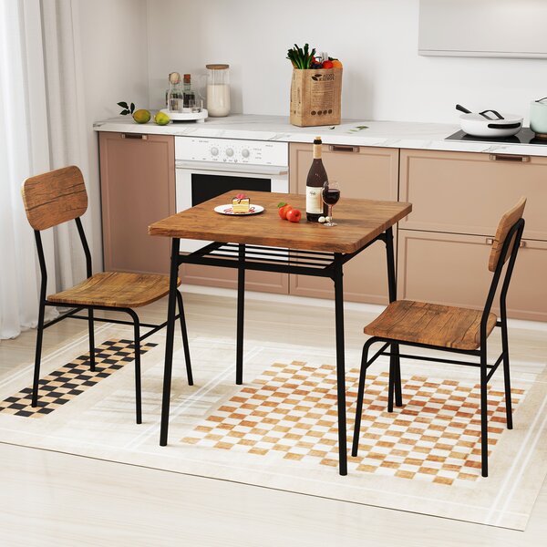 Costway Set da pranzo 3 pezzi per angolo colazione, Tavolo e sedie da cucina quadrato con scaffale di stoccaggio Marrone