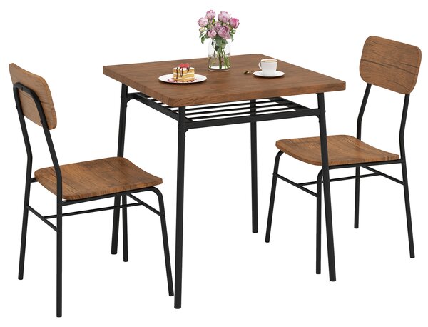 Costway Set da pranzo 3 pezzi per angolo colazione, Tavolo e sedie da cucina quadrato con scaffale di stoccaggio Marrone