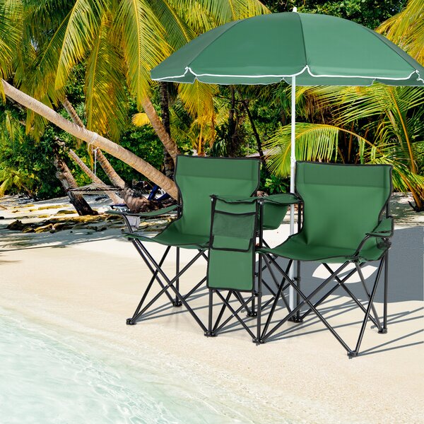 Costway Sedia da picnic in acciaio portatile e pieghevole, Sedia da picnic con ombrellone mini tavolo porta bevande Verde