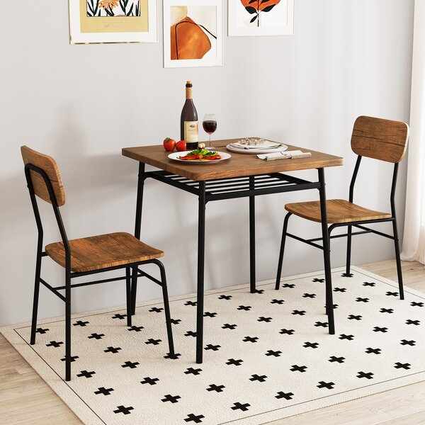 Costway Set da pranzo 3 pezzi per angolo colazione, Tavolo e sedie da cucina quadrato con scaffale di stoccaggio Marrone