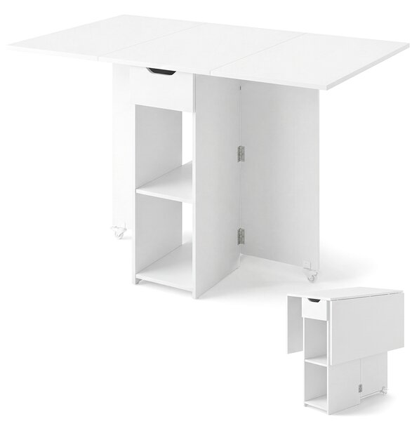 Costway Tavolo pranzo pieghevole 2 ruote ribalta piccoli spazi 2 ripiani, Tavolo cassetto Bianco
